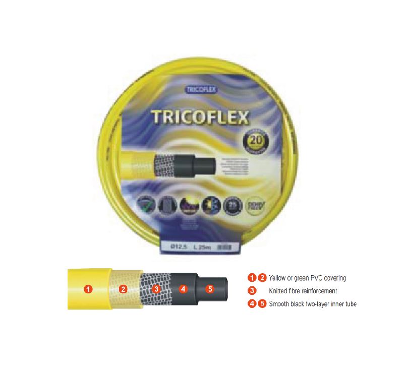 Tricoflex Heavy Duty Yellow Hose – Low Pressure, Multi-Layer - 1/2″ 13mm - 25m / 50m / 100m Rolls