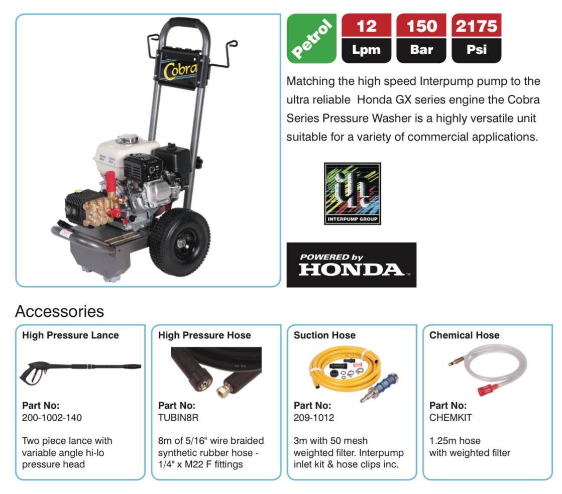 Cobra 12150 Petrol Pressure Washer - Versatile Power on Wheels for Commercial Use