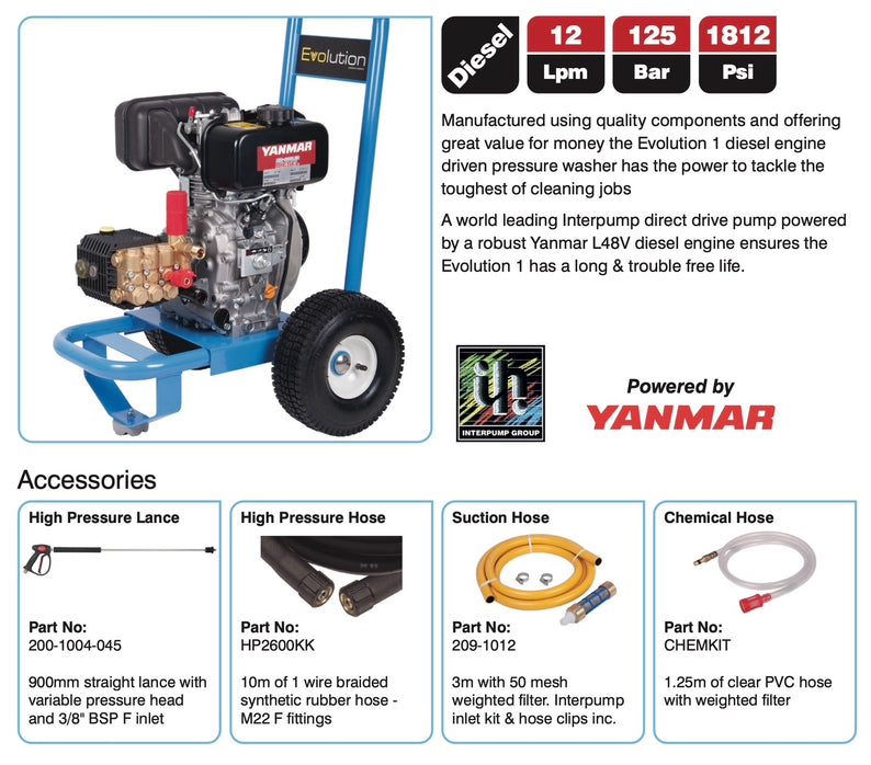 Evolution 1 12125 Diesel Pressure Washer - Robust Diesel Power for Demanding Cleaning