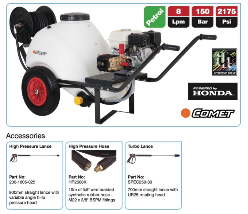 DPM Wheelbarrow Pressure Washer – 150 Bar, 8 Lpm, Honda GP160, 10m Hose, 120L Tank – Part No: WBU8150P