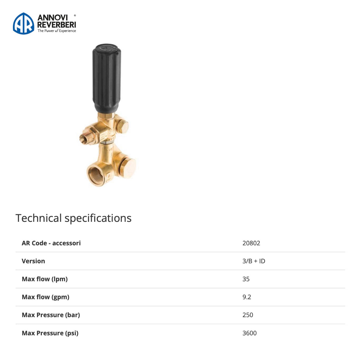 Annovi Reverberi Gymatic 3B Unloader Valve – 250 Bar – Control Set with Built-in Bypass – Part No: 20080 / 20802