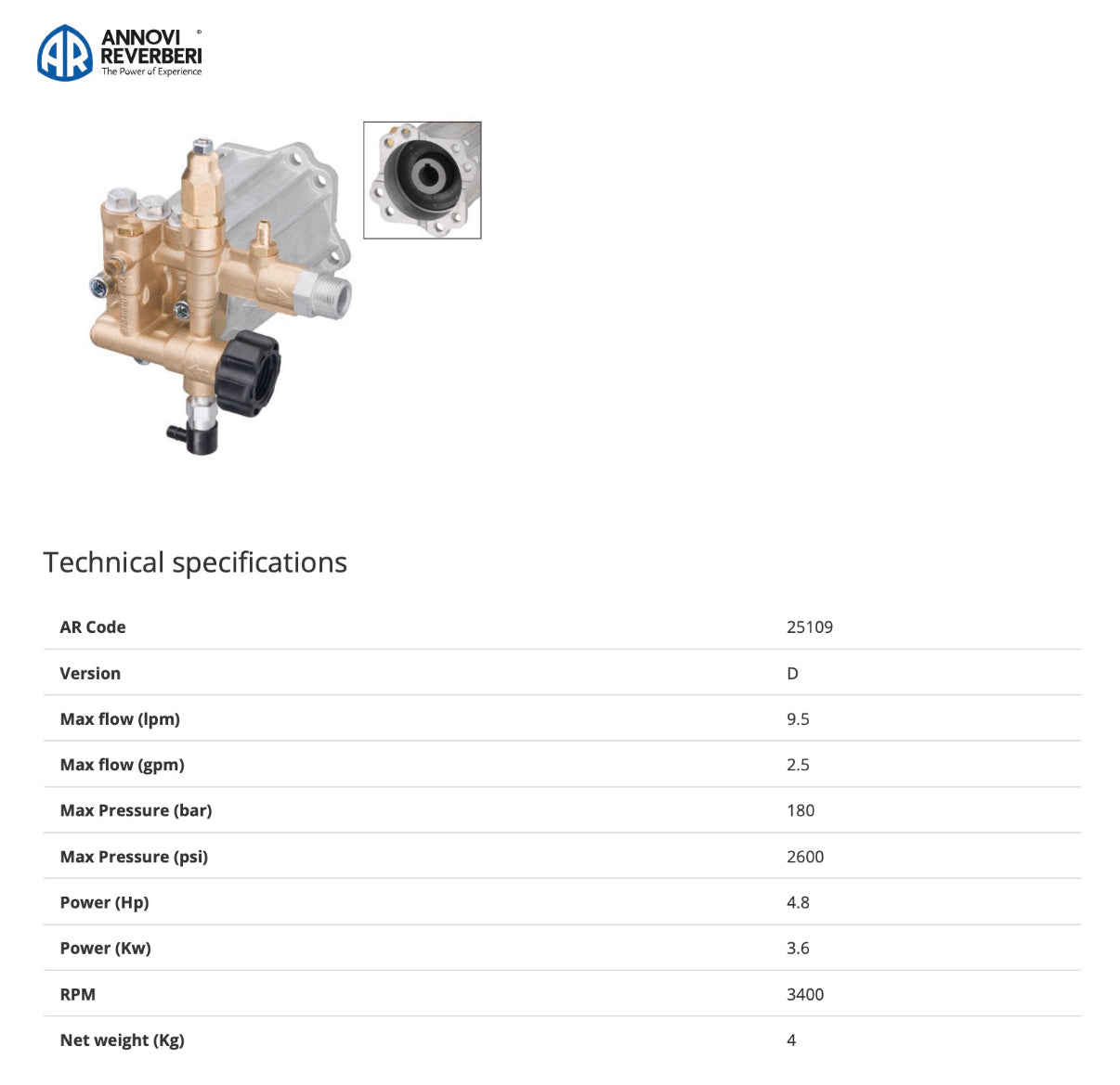 Annovi Reverberi RMV 2.5 G26 D Hollow Shaft Pump – 9 L/min @ 180 Bar – 3/4″ Shaft with Built-in Unloader