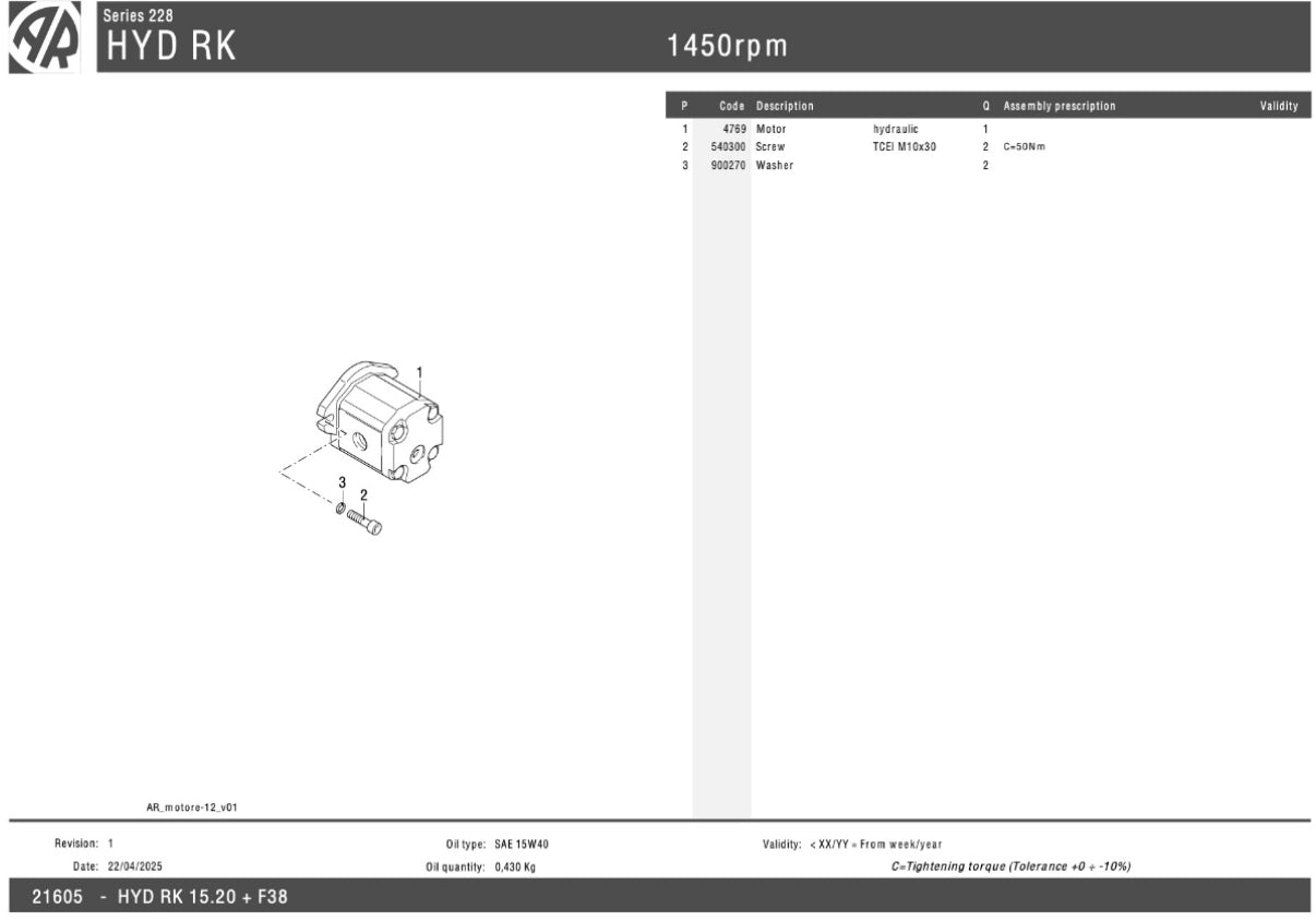 HYD-RK 15.20 MP Hydraulic Drive Motor & Pump Unit – 15 L/min @ 200 Bar, 1450 RPM, Sauer Danfoss Motor