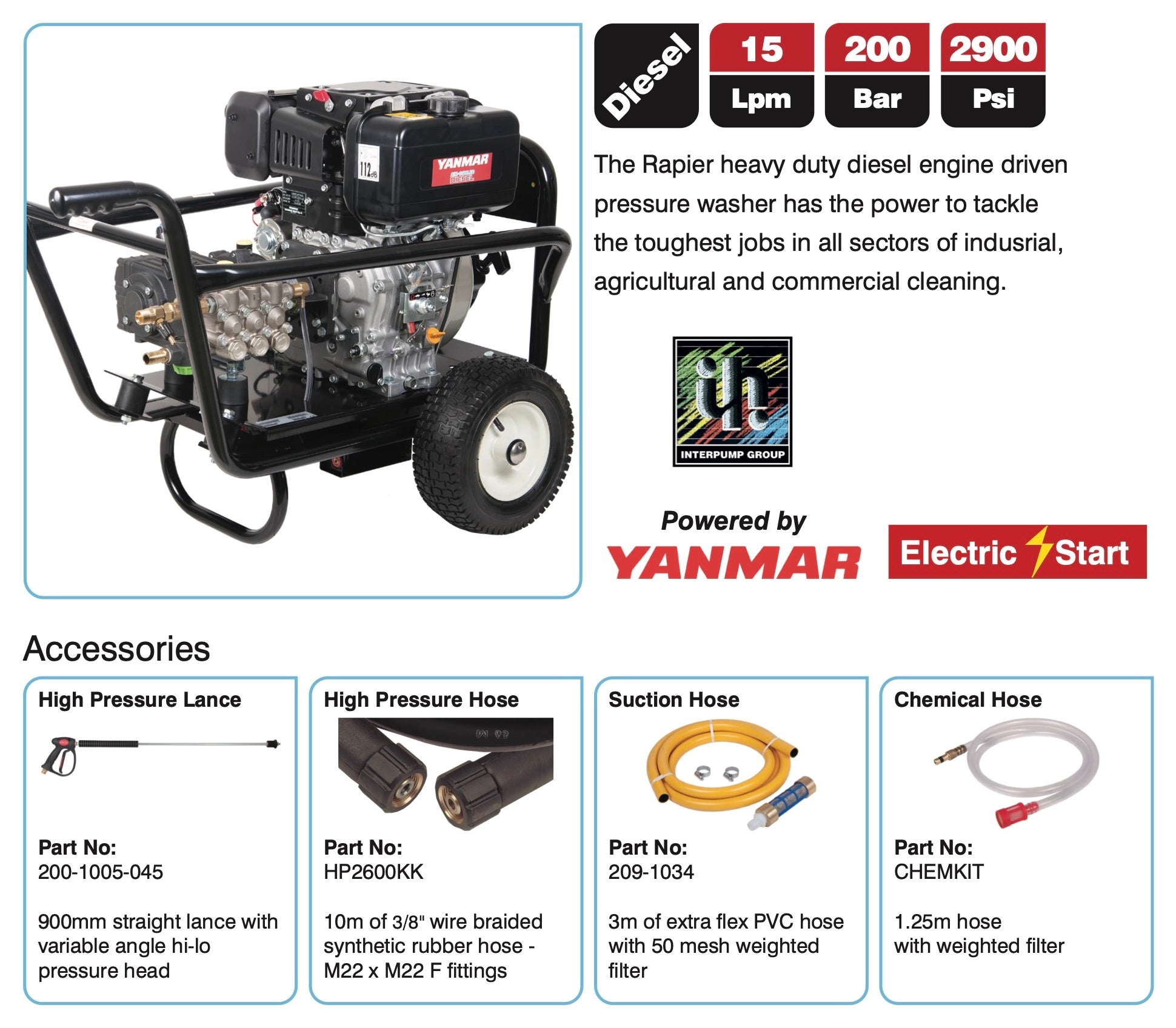 Rapier 15200 Diesel Pressure Washer - Electric Start, Heavy-Duty Diesel Power with Gearbox Drive