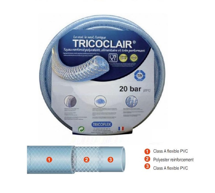 Tricoflex Tricoclair Braided Clear Hose – Food Grade, Reinforced PVC, 13 Bar, 30m Rolls