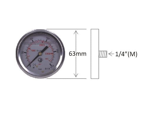 Pressure Gauge – 1/4″ Male Rear Mount, 63mm, Glycerine Filled (0–160 Bar to 0–400 Bar)