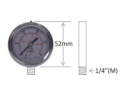 Pressure Gauge – 1/4″ Male Post Mount, 52mm Ø, 0–250 Bar