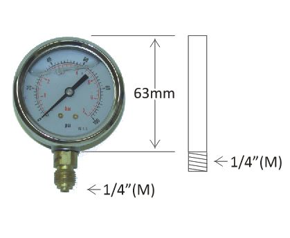 Pressure Gauge – 1/4″ Male Post Mount, 63mm, Glycerine Filled (0–10 Bar to 0–700 Bar)
