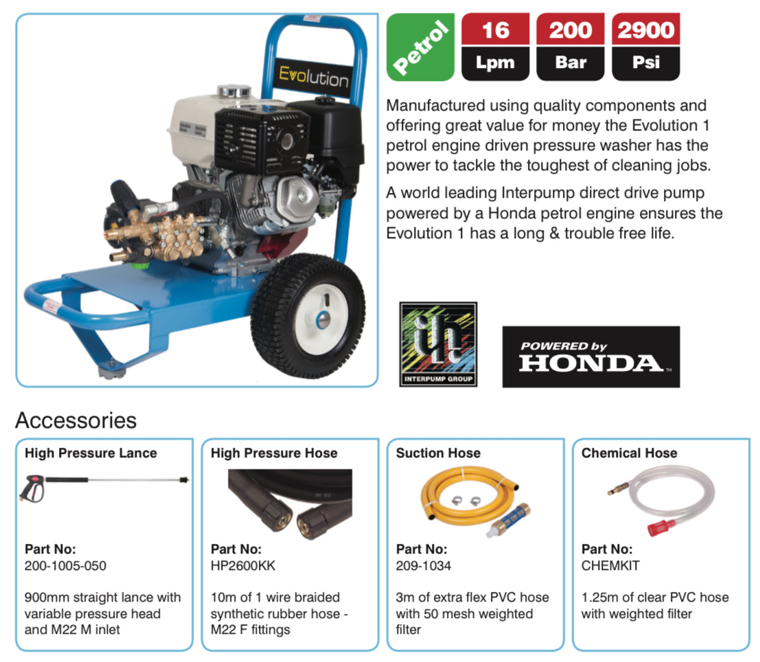 Evolution 1 16200 Petrol Pressure Washer - High Flow, High Pressure Cleaning Power