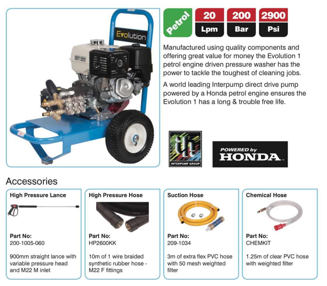 Evolution 1 20200 Petrol Pressure Washer - Max Flow, High Pressure for Industrial Cleaning