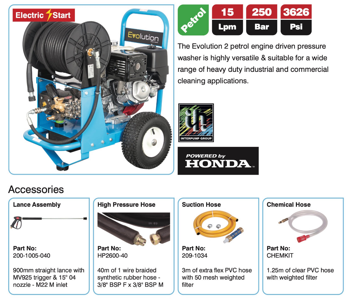 Evolution 2 15250 Petrol Pressure Washer - Extreme Pressure with Integrated Hose Reel for Ultimate Mobility