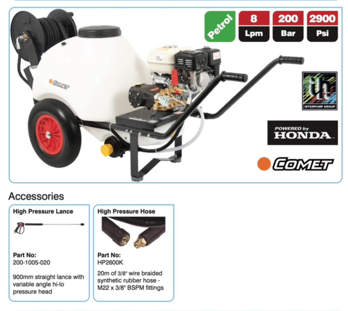 DPM Wheelbarrow Pressure Washer – 200 Bar, 8 Lpm, 120L Tank, 20m Hose – Part No: WBU8200P-20M