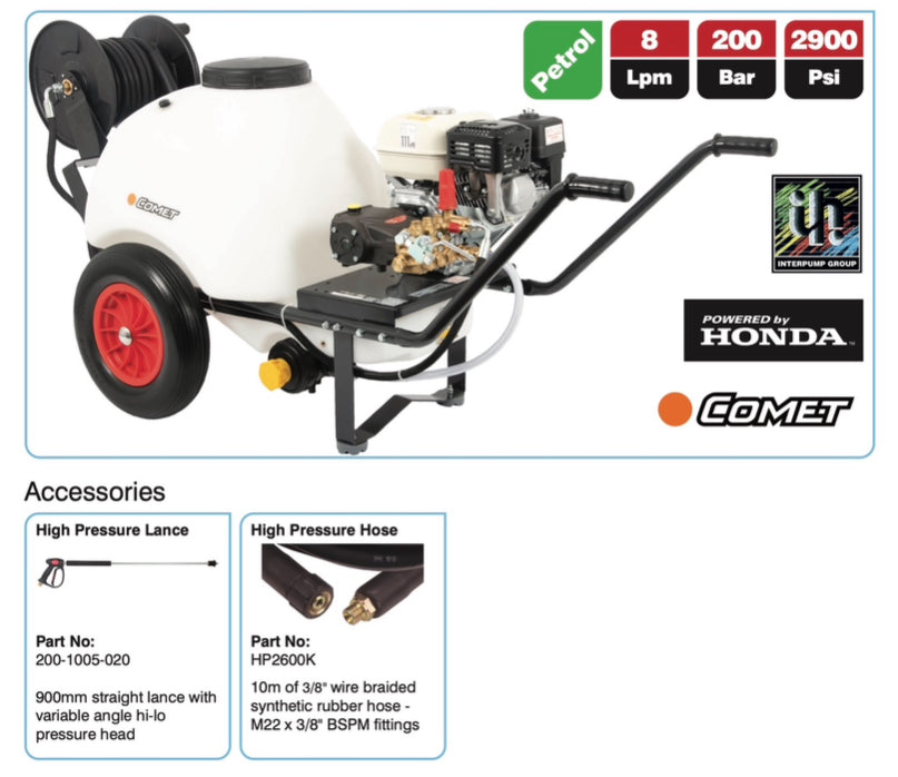 DPM Wheelbarrow Pressure Washer – 200 Bar, 8 Lpm, 120L Tank, 10m Hose – Part No: WBU8200P