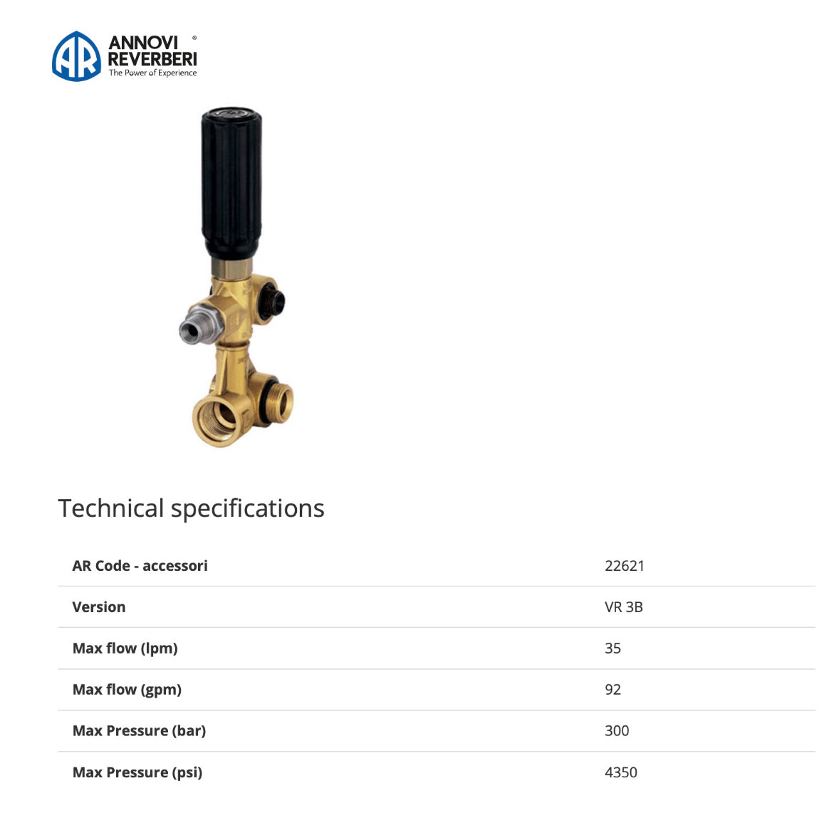 VR 3B Unloader Valve – 300 Bar – Built-in Bypass – Part No: 22621