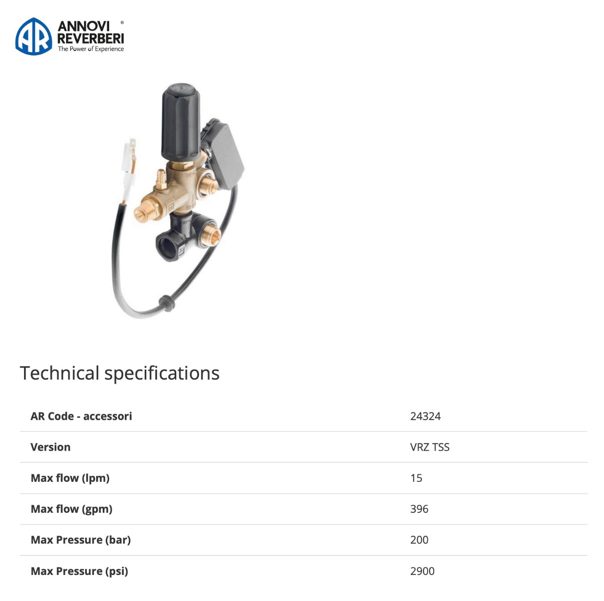 Annovi Reverberi VRZ TSS Unloader Valve with Total Stop System – 200 Bar – Part No: 24324