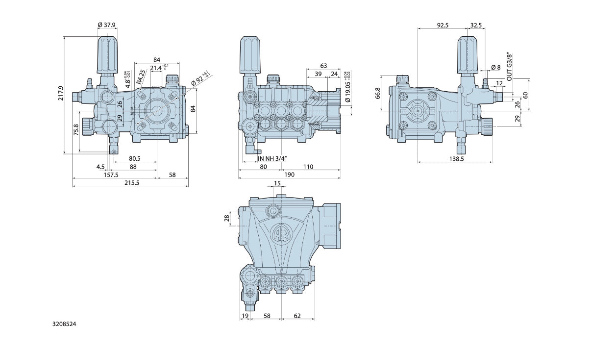 RCV3G27 Annovi Reverberi Pump – 3/4" Hollow Shaft, 12 Lpm @ 220 Bar – Built-in Unloader