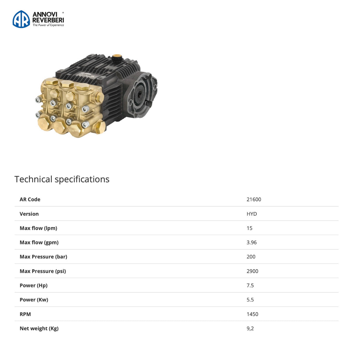 HYD-RK 15.20 Annovi Reverberi Hydraulic Drive Pump – 15 l/min @ 200 Bar, 1450 RPM, F38 Flange