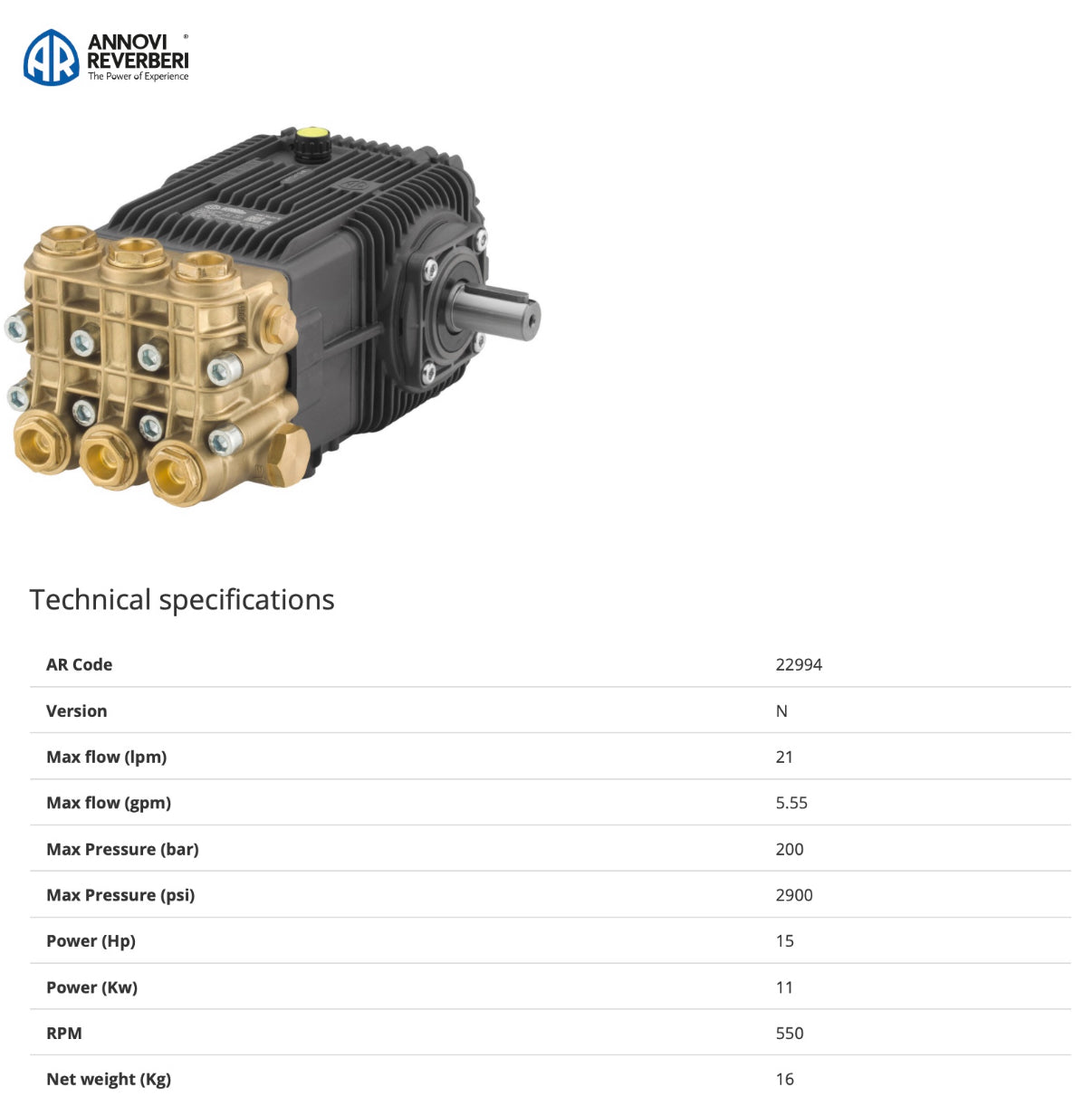 XWT 21.20 Annovi Reverberi Solid Shaft Pump – 21 l/min @ 200 Bar, 550 RPM, 24mm Shaft – Part No: XWT21.20