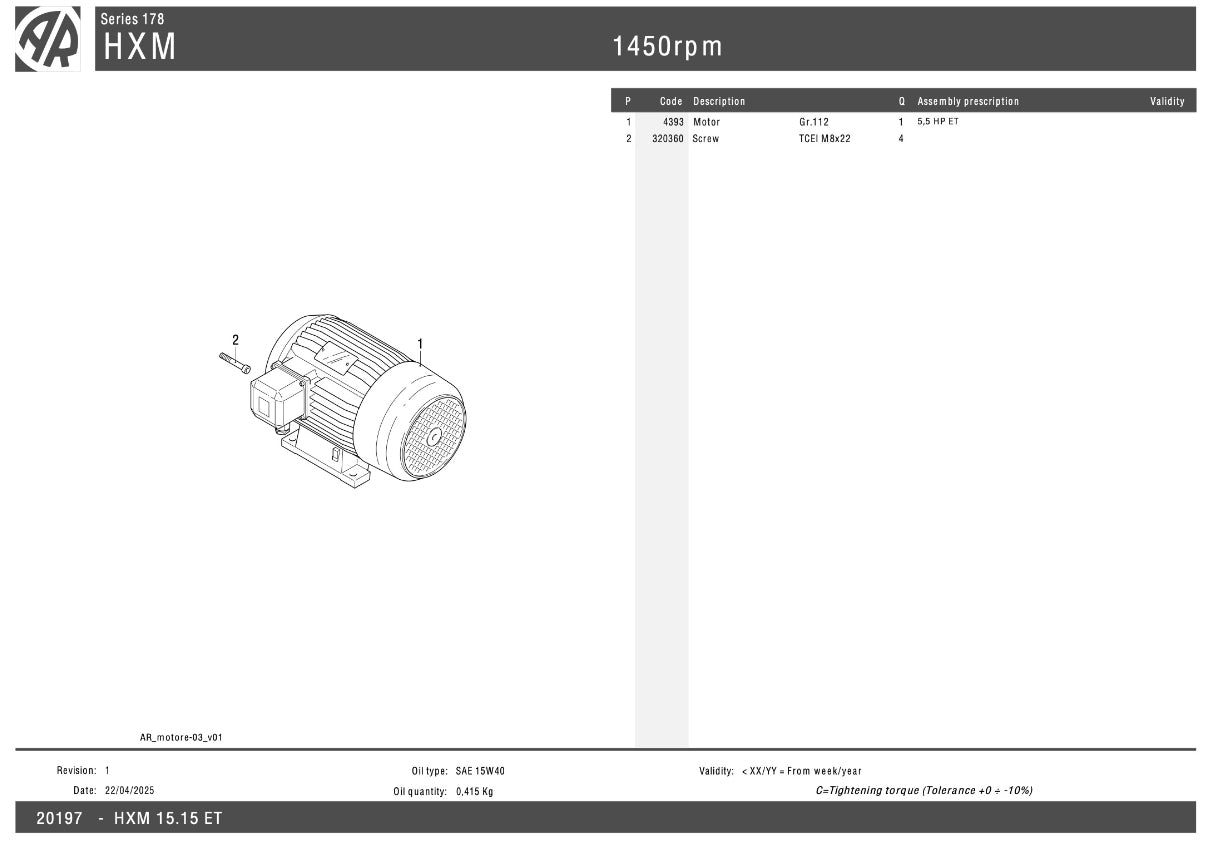 HXM 15.15 MP – 15 LPM @ 150 Bar, Hollow Shaft, 1450 RPM, 3-Phase Motor Set
