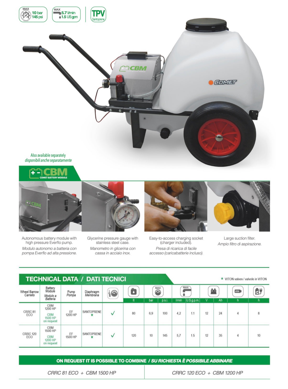 Comet CBM1500HP Battery Powered WBU Sprayer – 5.7 l/min @ 10 Bar – Part No: WBU610E