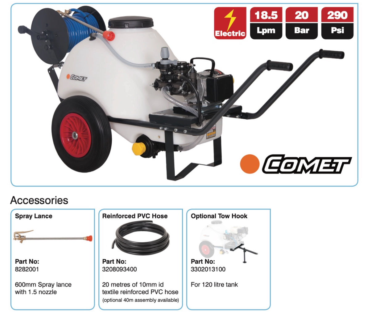 Comet MC20/20 120L Wheelbarrow Tank – 18.5 l/min @ 20 Bar – 230V Motor – Part No: WBU1820E
