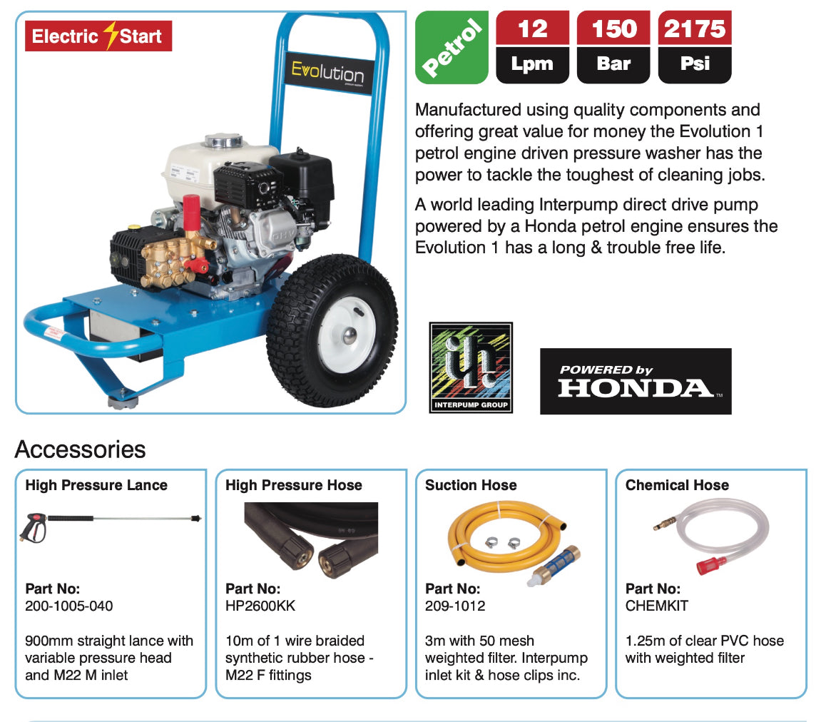 Evolution 1 12150 Pressure Washer - Electric Start Convenience & Industrial Power