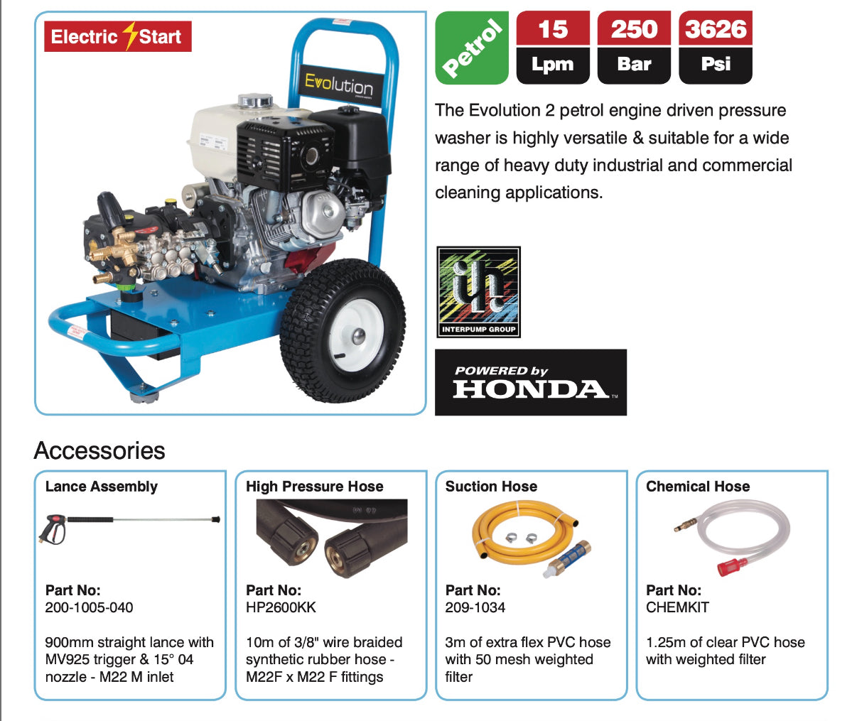 Evolution 2 15250 Pressure Washer - Electric Start, Extreme Pressure & Gearbox Drive