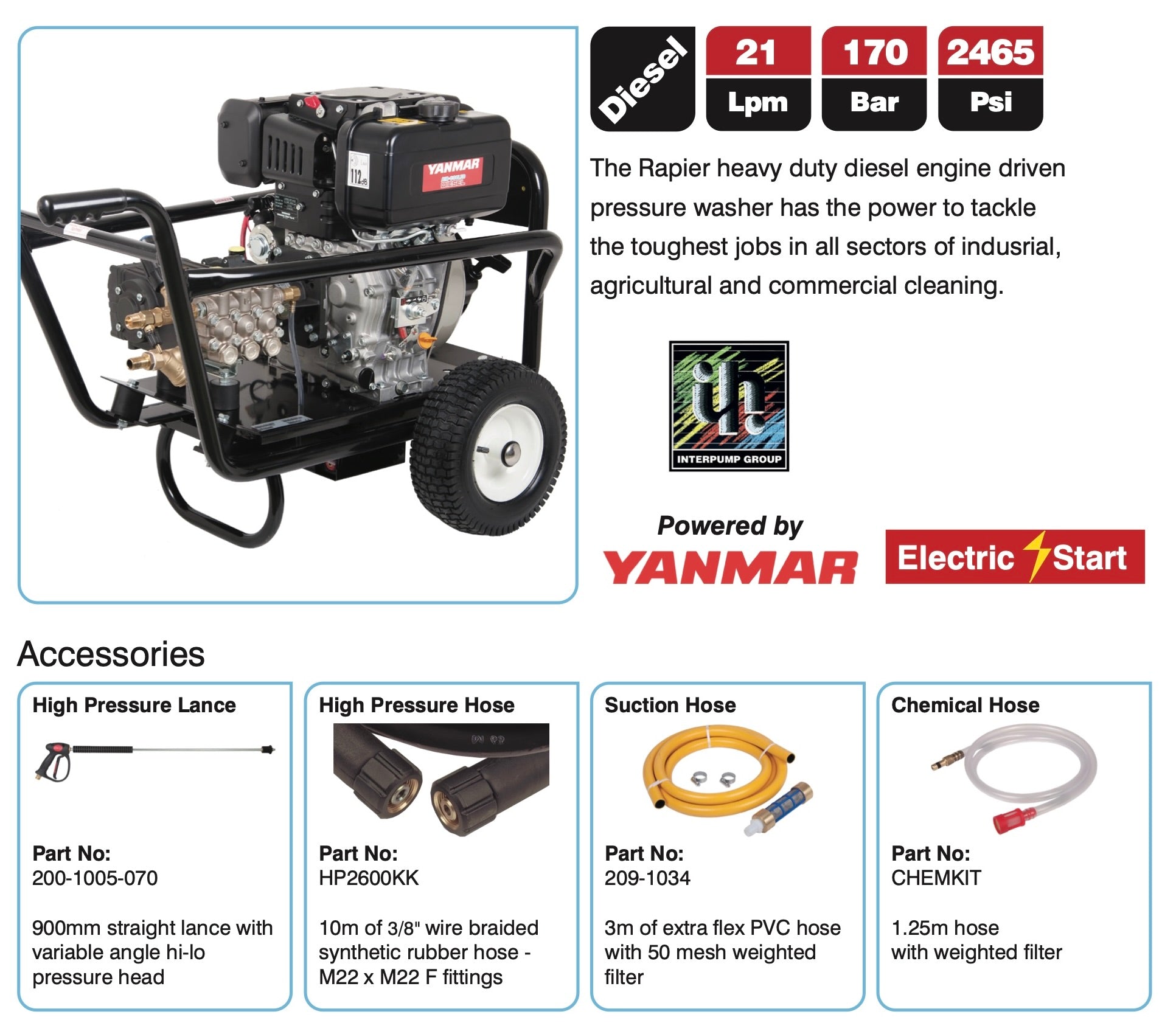 Rapier 21170 Diesel Pressure Washer - Electric Start, High Flow, Heavy-Duty Power with Gearbox Drive