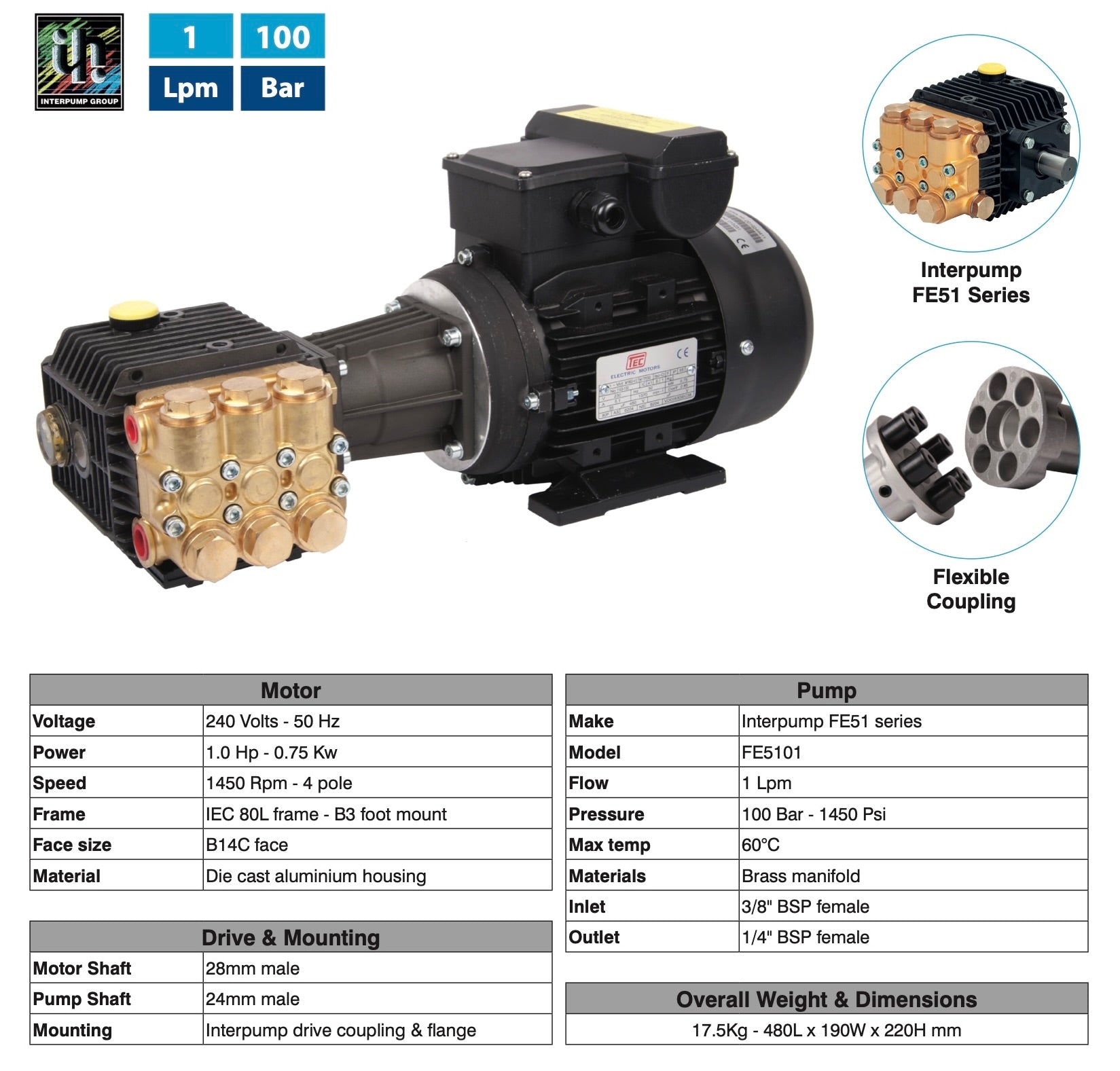 Interpump FE51 Series Motor Pump Unit - Compact 100 Bar Cleaning Power