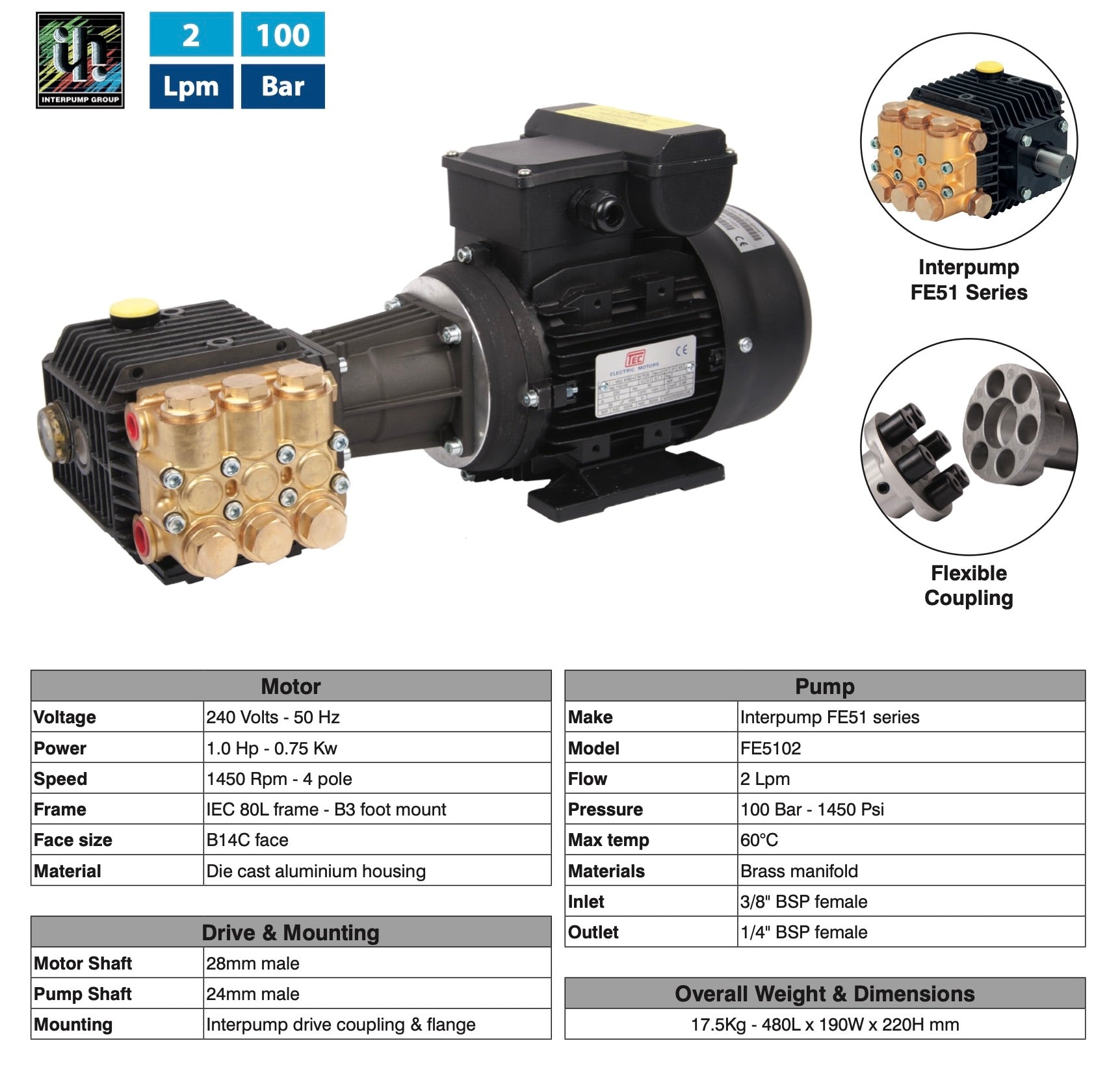 Interpump FE51 Series Motor Pump Unit - Versatile 100 Bar Cleaning Power