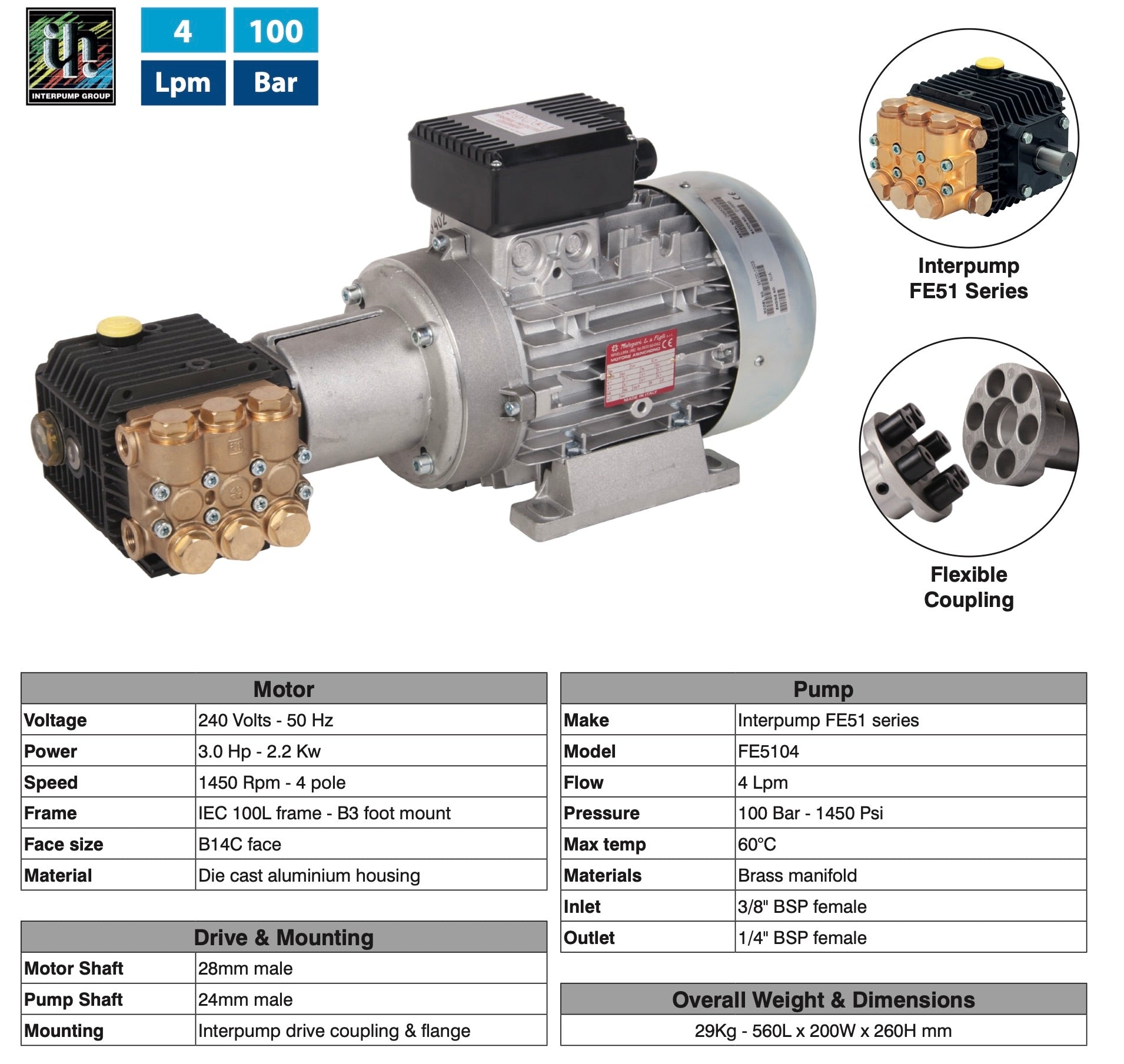 Interpump FE51 Series Motor Pump Unit - High-Flow 100 Bar Cleaning Solution