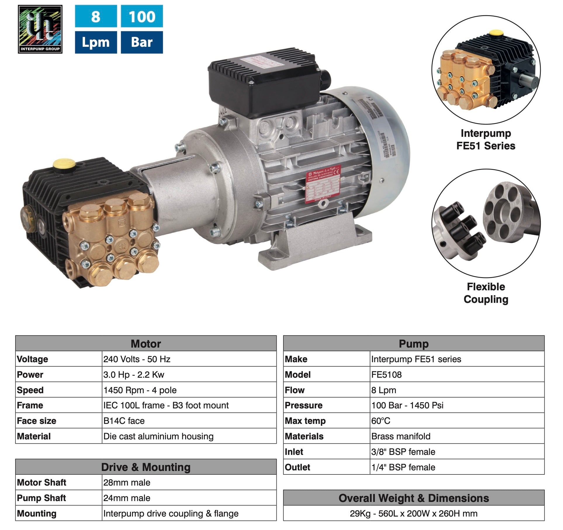 Interpump FE51 Series Motor Pump Unit - Unrivalled 100 Bar, 8 Lpm Cleaning Power