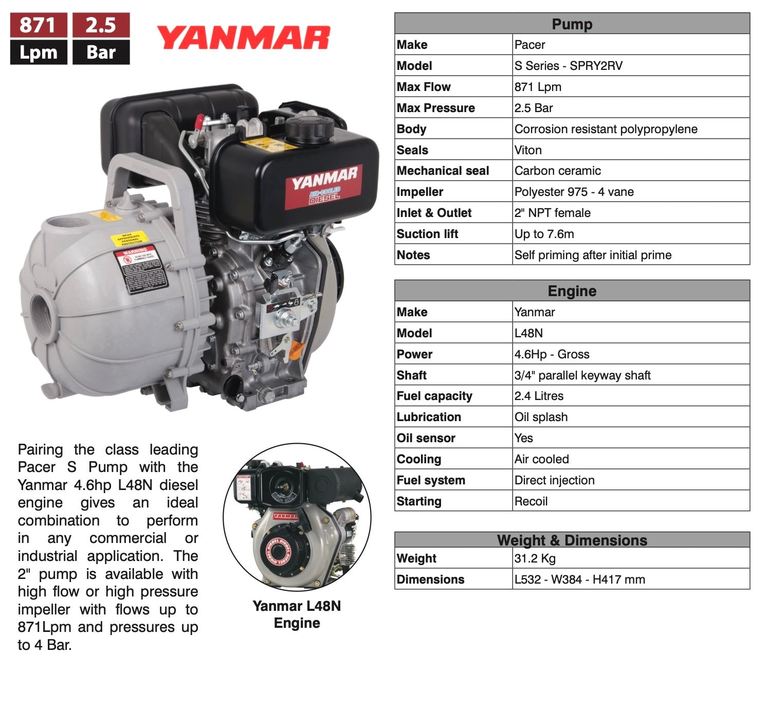 2" Pacer S Series Pump - Yanmar Diesel Engine with Viton Seals