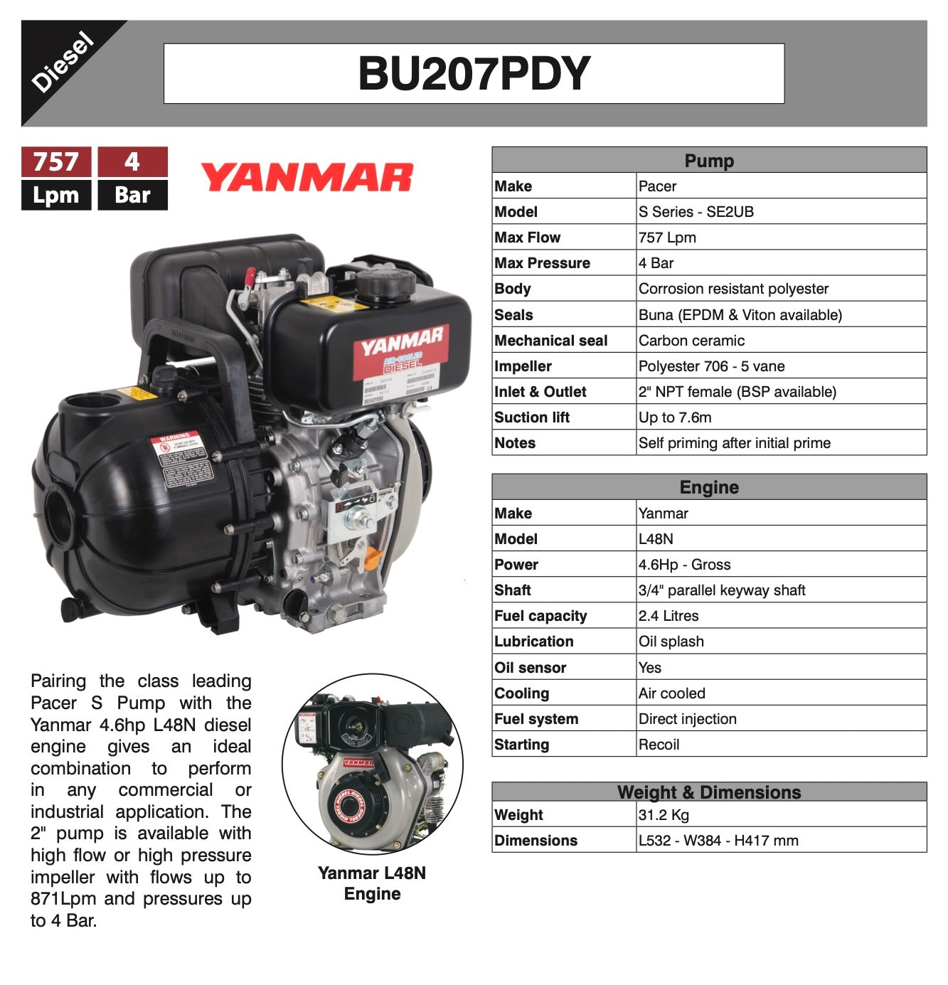 2" Pacer S Series Pump - Yanmar Diesel Engine with BUNA Seals