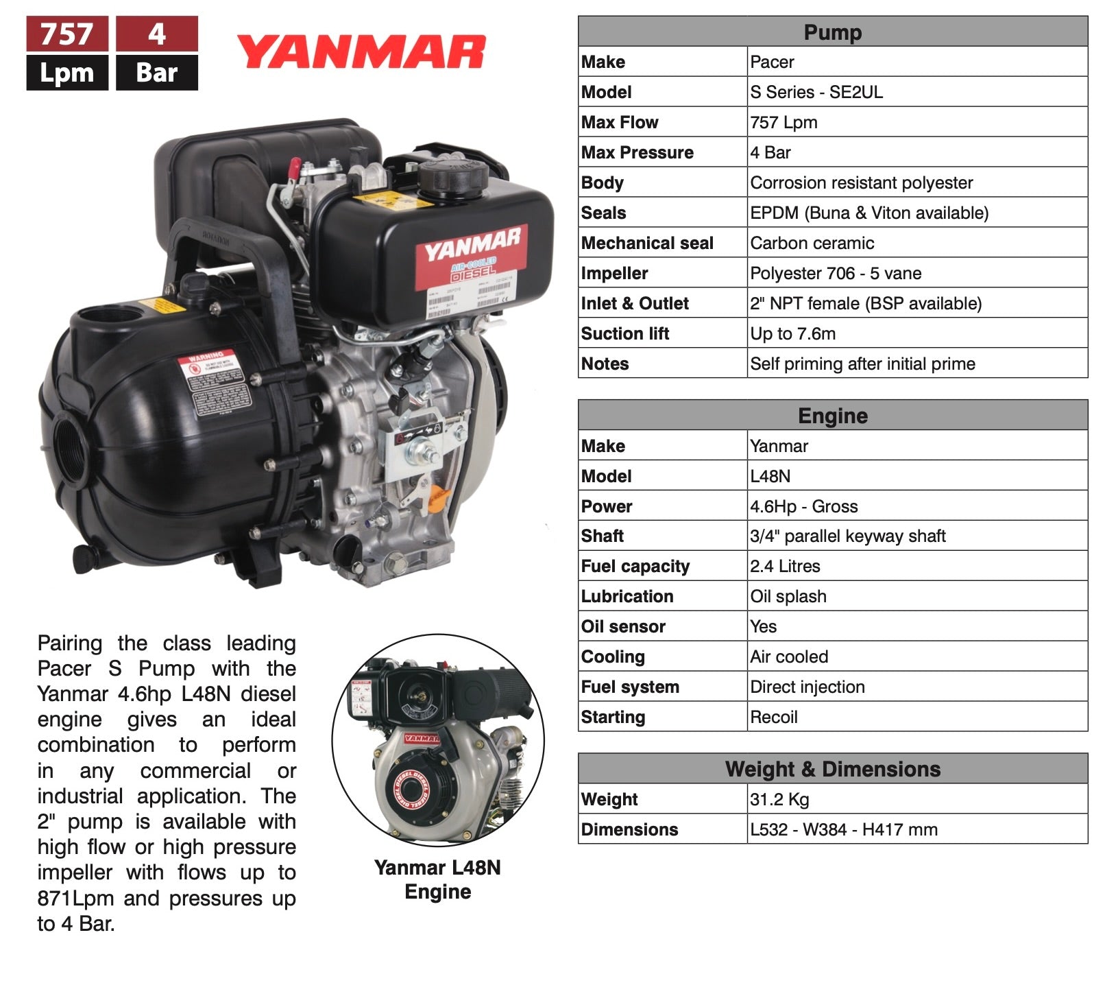 2" Pacer S Series Pump - Yanmar Diesel Engine