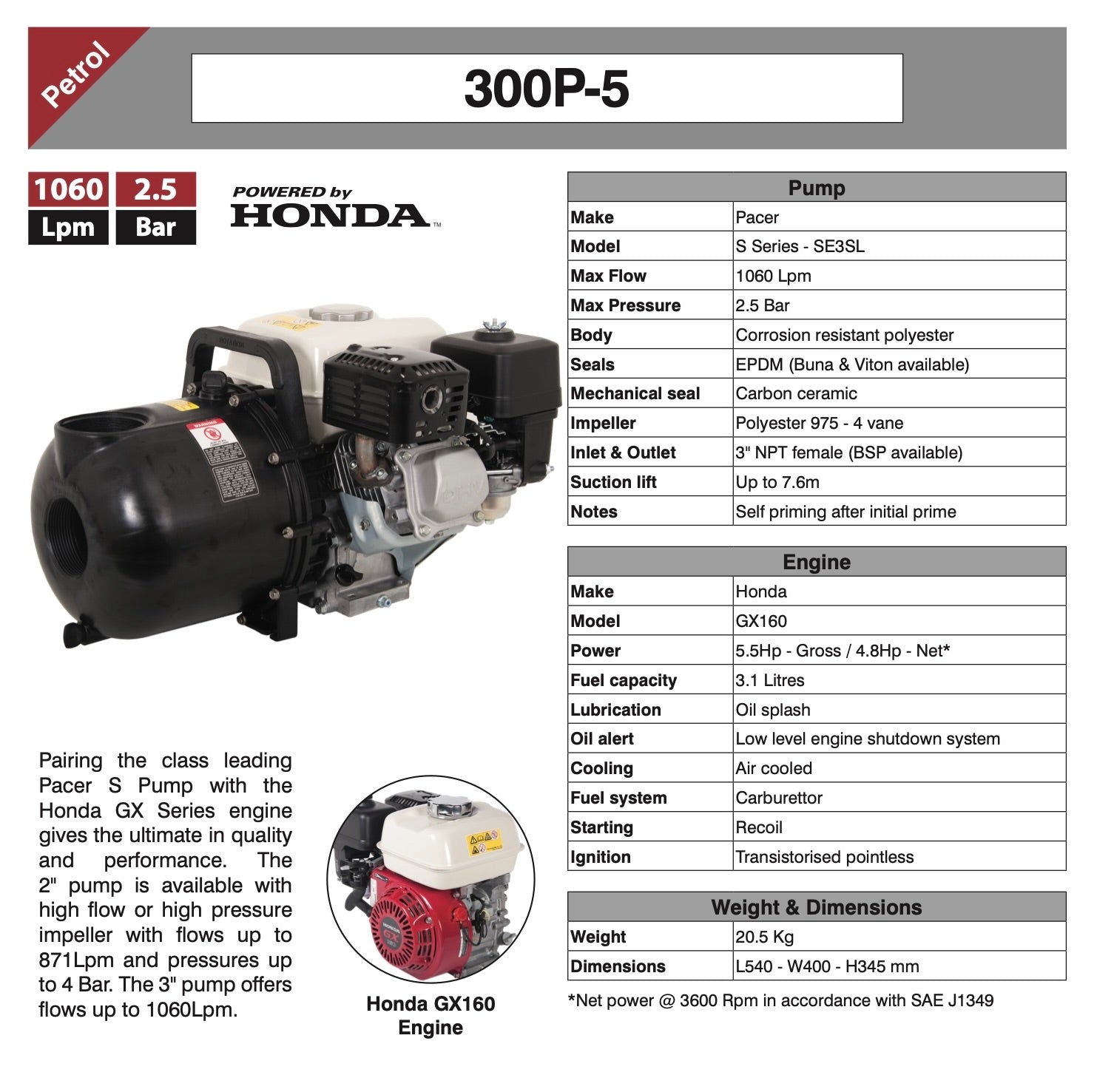 3" Pacer S Series Pump - Honda GX - BSP