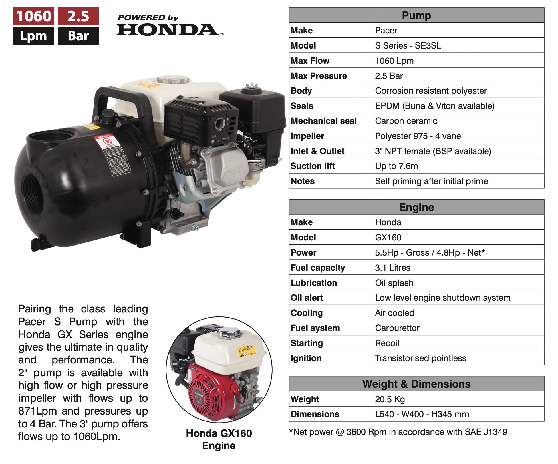 3" Pacer S Series Pump - Honda GX160