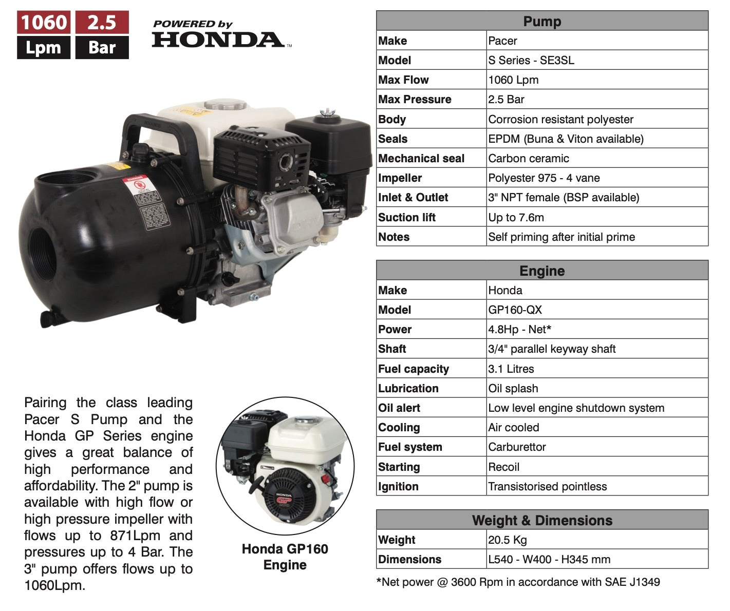 3" Pacer S Series Pump - Honda GP