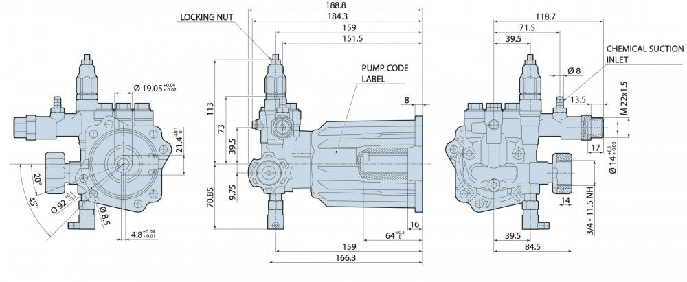 Annovi Reverberi RMV 2.5 G26 D Hollow Shaft Pump – 9 L/min @ 180 Bar – 3/4″ Shaft with Built-in Unloader